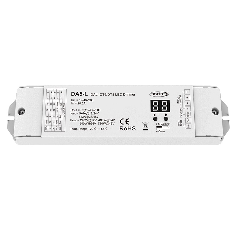 DA5-L 5 Channel 4A DT6 DT8 CV Constant Voltage DALI LED Dimmer 5 Channel 4A DT6 DT8 CV Constant Voltage DALI LED Dimmer